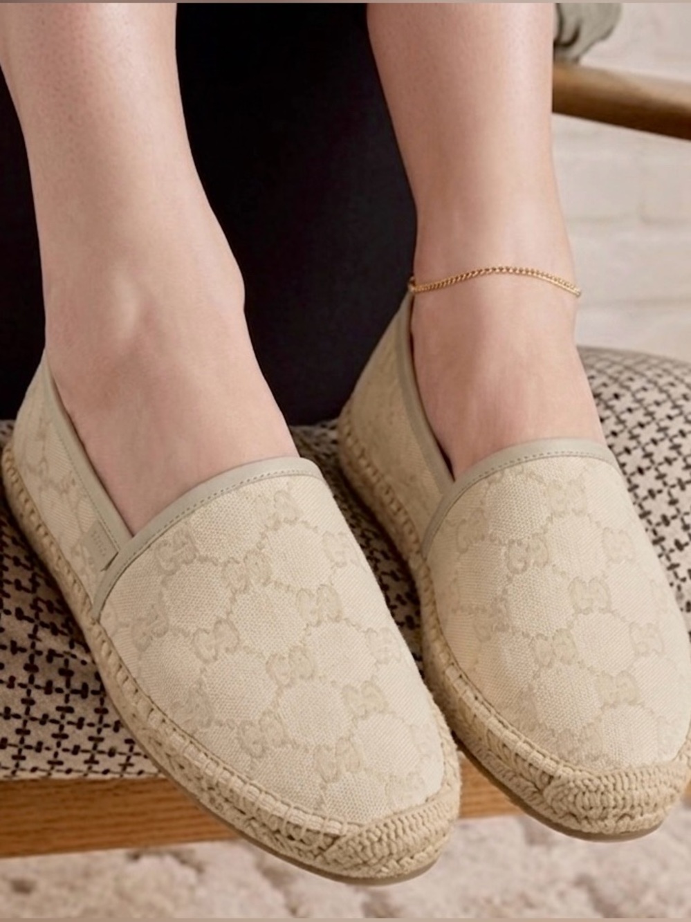 Gucci  GG Canvas Leather Trim Embellishment Espadrilles